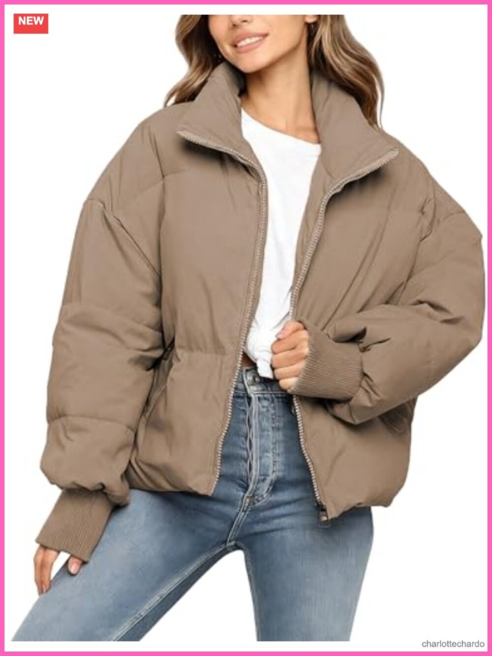 Oversized Cropped Puffer Jacket Quilted Zip Up Winter Coat with Pockets